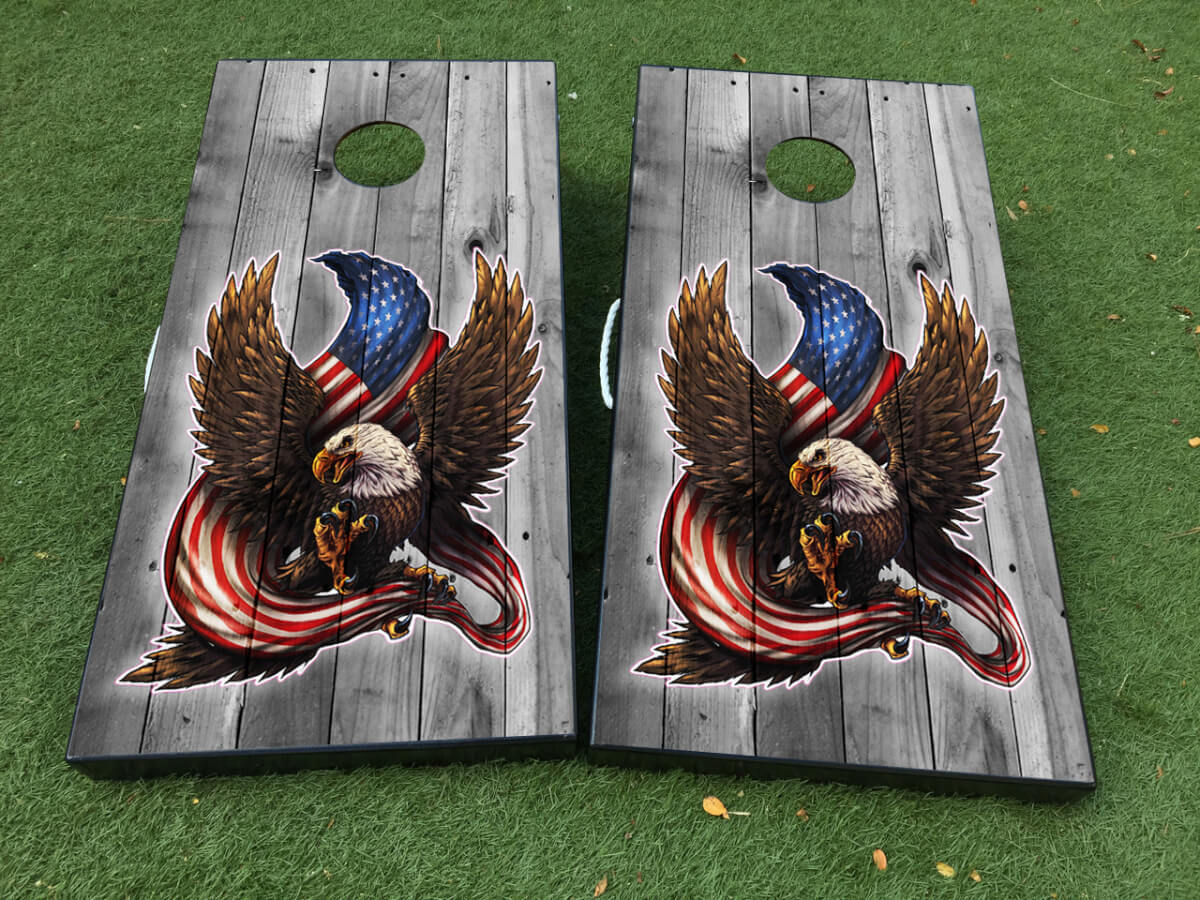 American Eagle USA Flag Wood Cornhole Board Decal Wrap Set