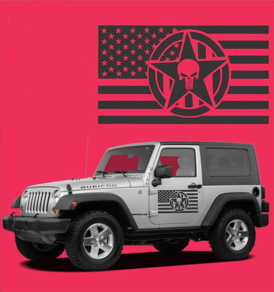 USA Flag Punisher Skull Star Door Vinyl Decals Kit for Jeep Wrangler