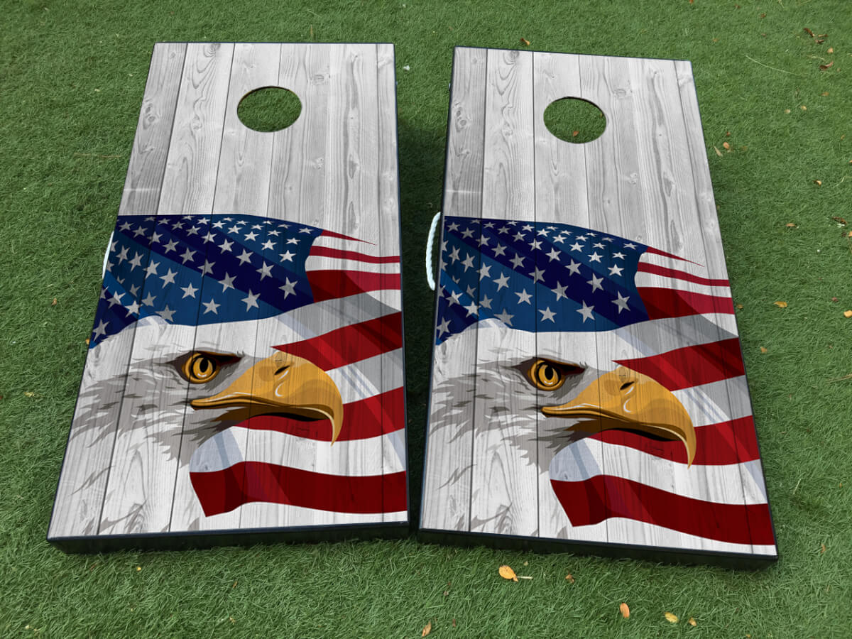 American Eagle Flag Wood Texture Cornhole Board Decal Wraps Set 