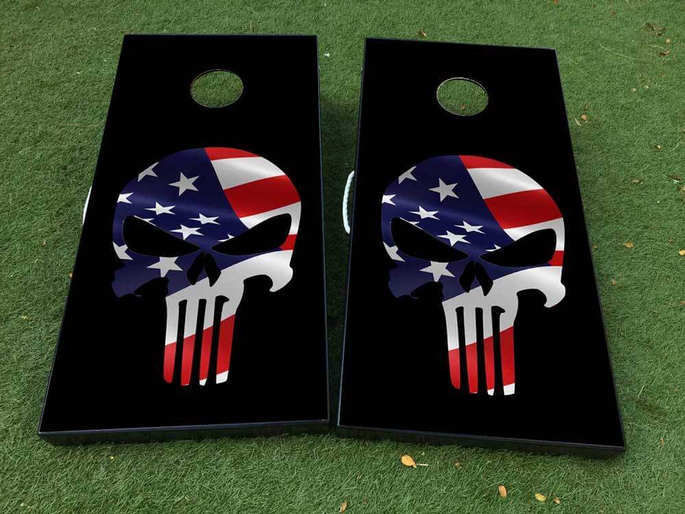 USA Flag Punisher-Style Skull Cornhole Board Vinyl Decal Wrap Set