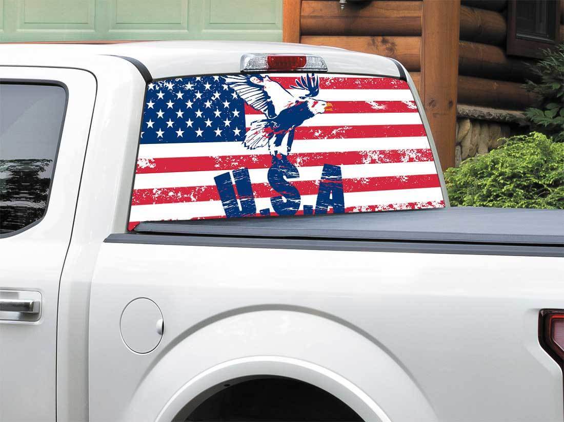 USA Flag Bald Eagle Rear Window Vinyl Decal for Pick-up Truck SUV