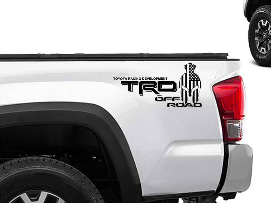 TRD Spartan Helmet USA Flag Style Bedside Vinyl Decal Kit for Toyota Trucks