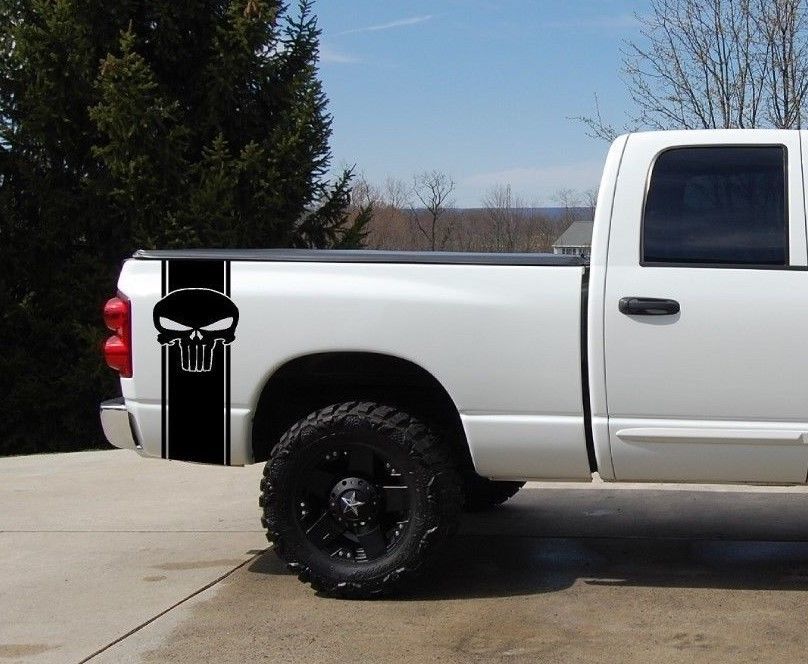 Punisher Pickup Truck Bed Stripe Decal Set 2 Chevy Dodge Nissan Toyota Ford GMC