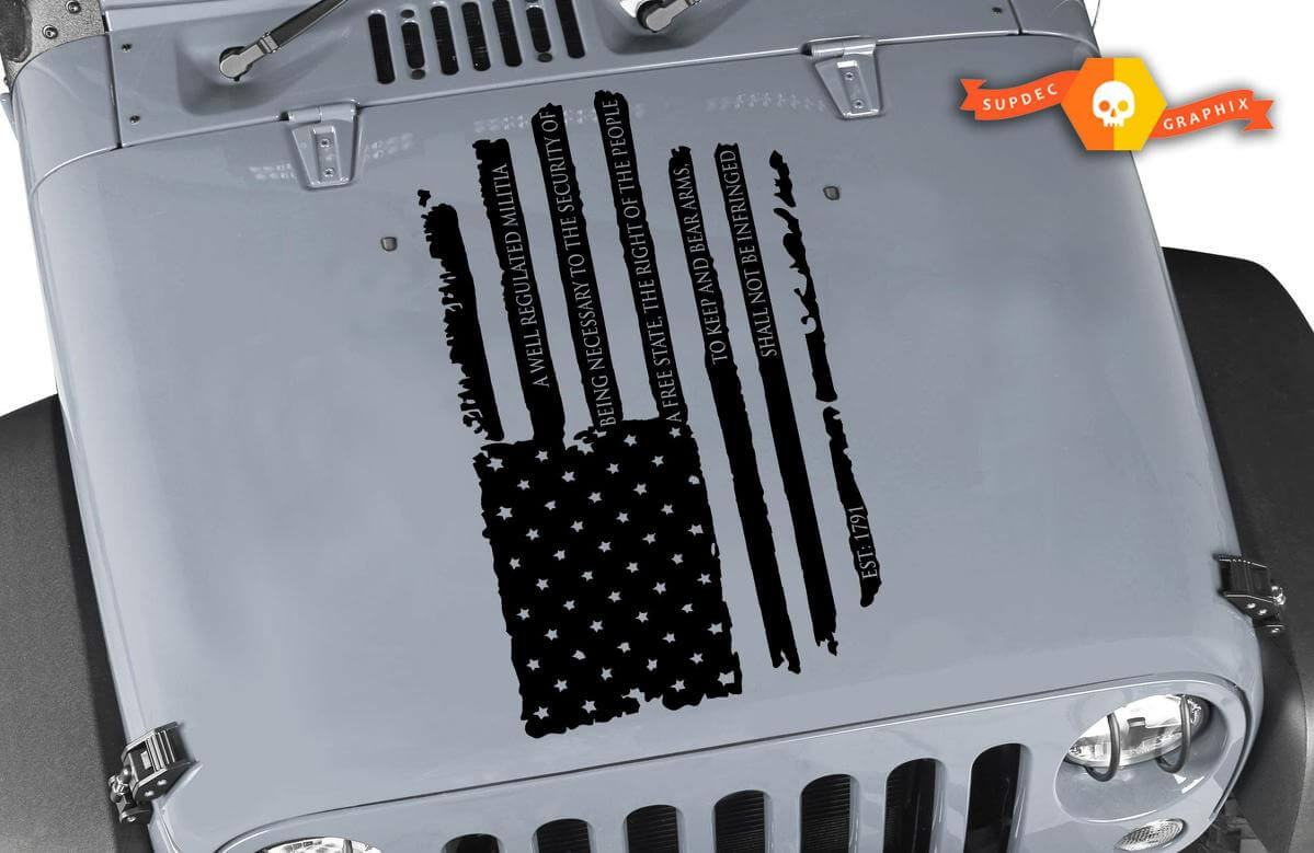 Second Amendment Distressed American Flag Hood Vinyl Decal for Jeep Wrangler