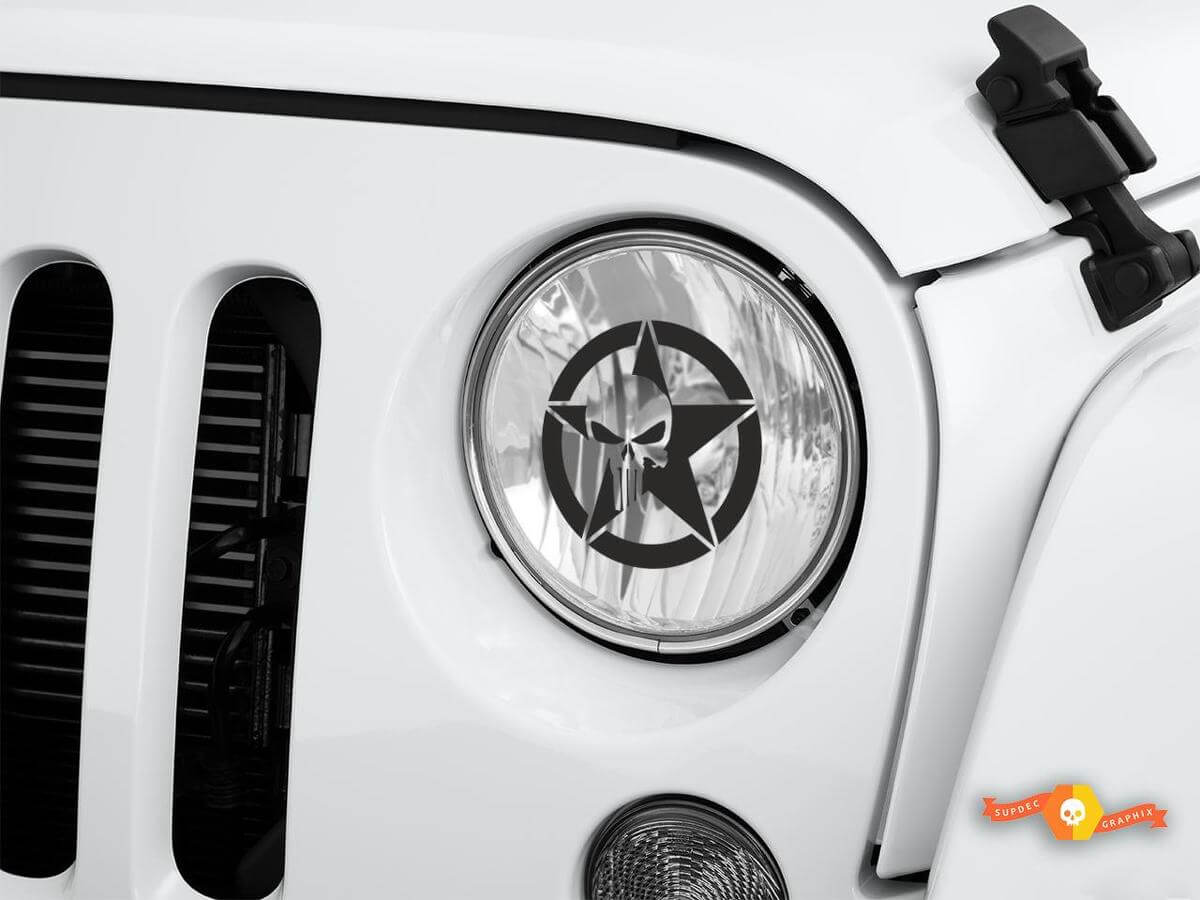 Military Star Skull Headlight Etched Glass Style Vinyl Decal Set for Jeep Wrangler 