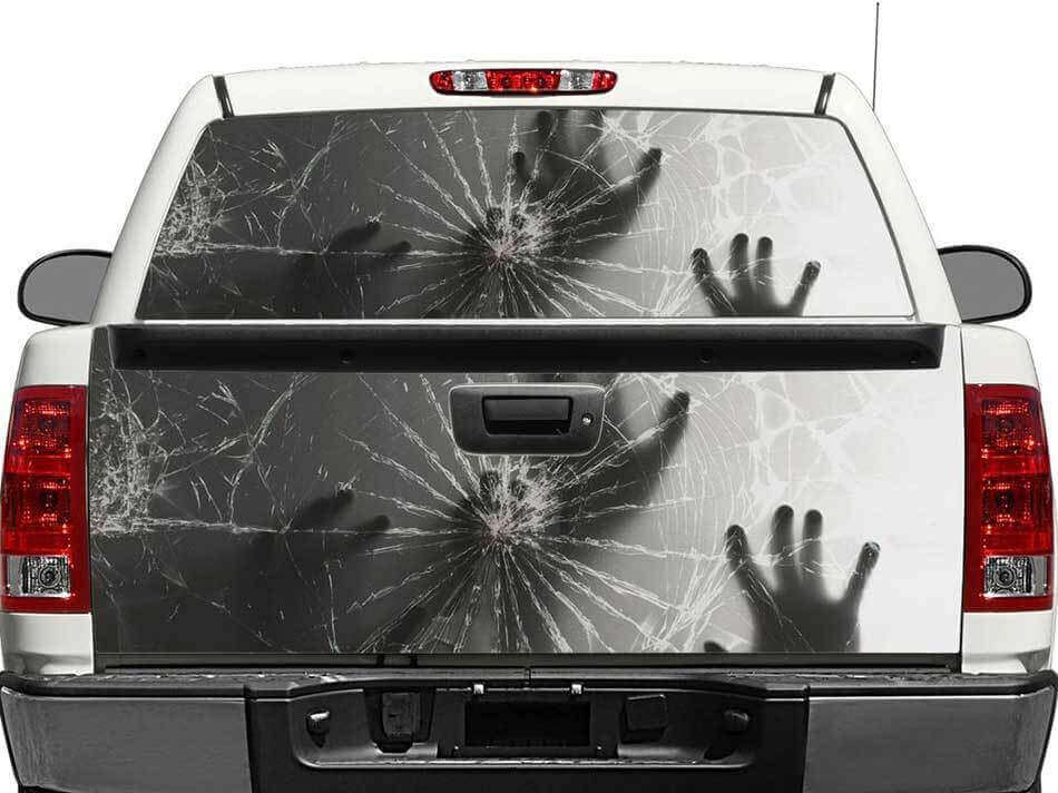 Hands Behind Broken Glass Rear Window or Tailgate Vinyl Decal for Pickup Truck SUV