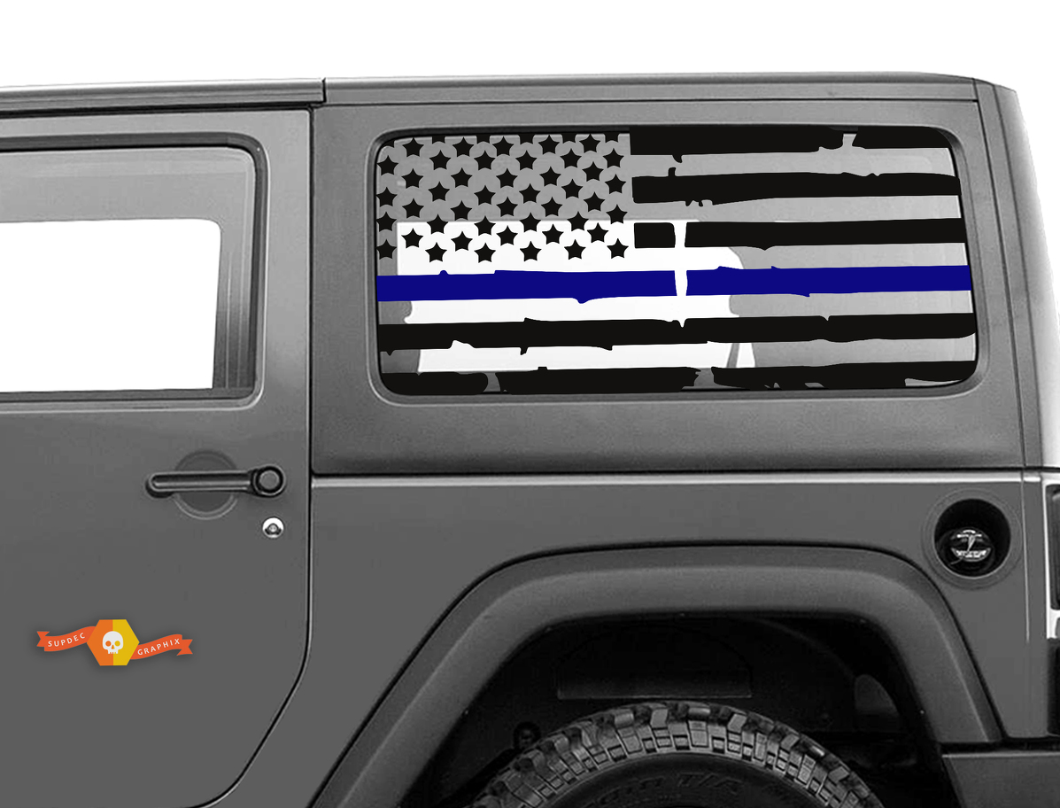 Distressed Blue Line 2 Tür Jeep Hardtop Flag Aufkleber USA American Wrangler JK