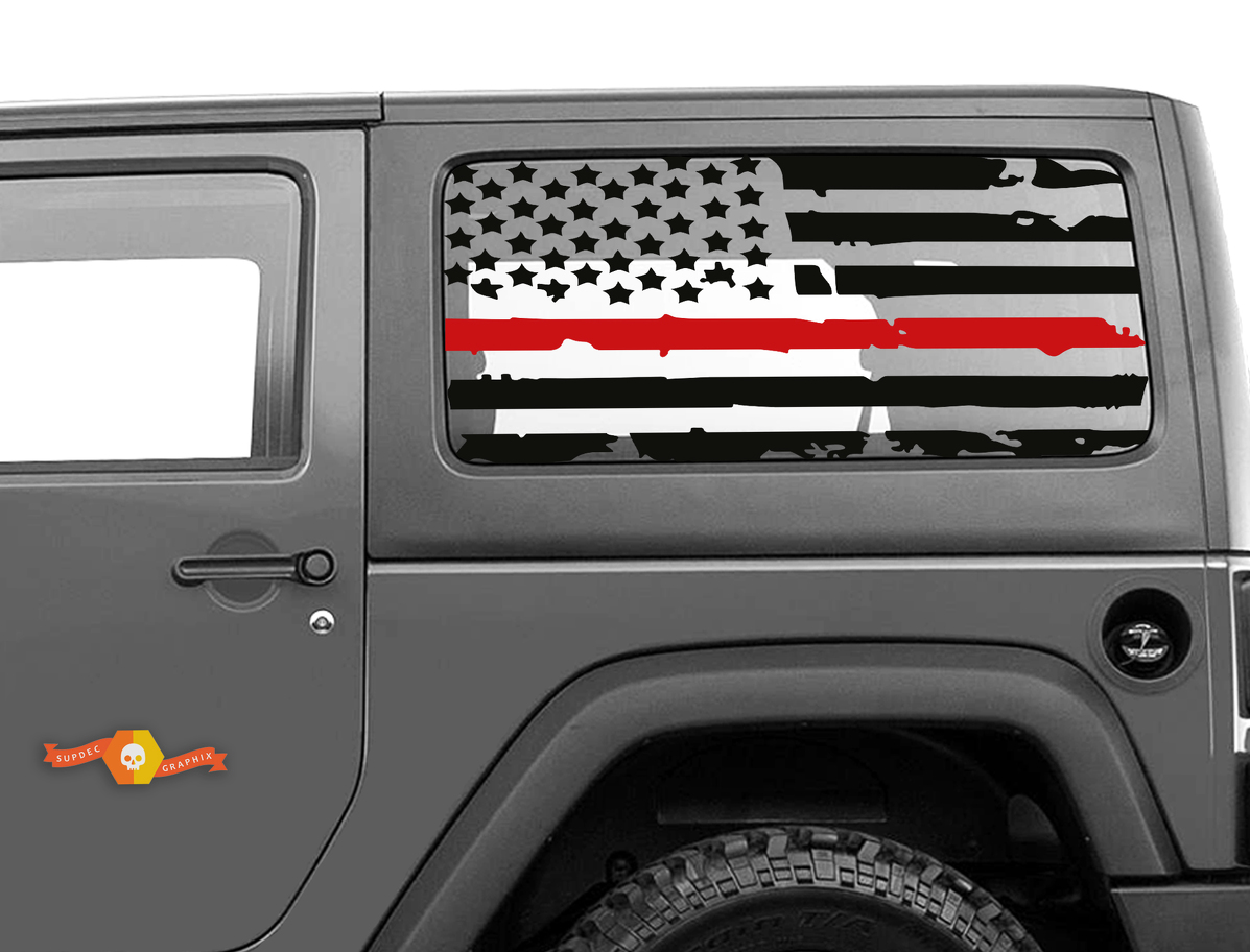 Fits JK Jeep Hardtop Flag Decal - Distressed Firefighter USA Wrangler Window