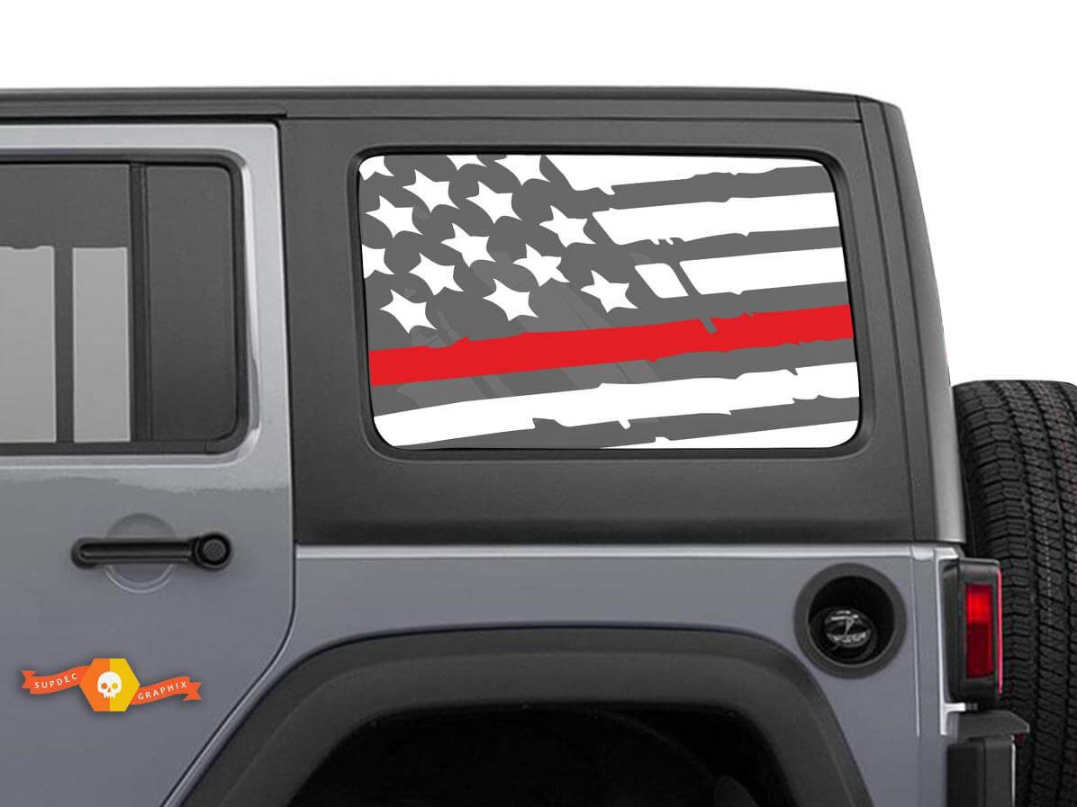 Distressed Thin Red Line Flag Side Vinyl Sticker Decal for Jeep Firefighter