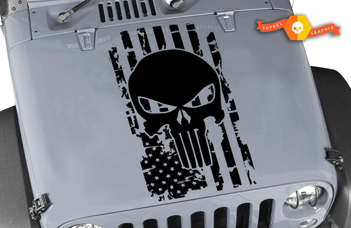 Distressed USAFlag Punisher Skull Hood Vinyl Decal for Jeep Wrangler