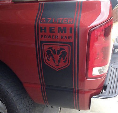 Truck vinyl decals racing Dodge Ram rear bed Hemi Mopar logo both sides 5.7 L