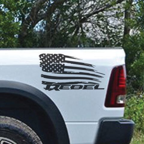 Dodge Ram Rebel American Flag Distressed Side Logo Truck Vinyl Decal Graphic