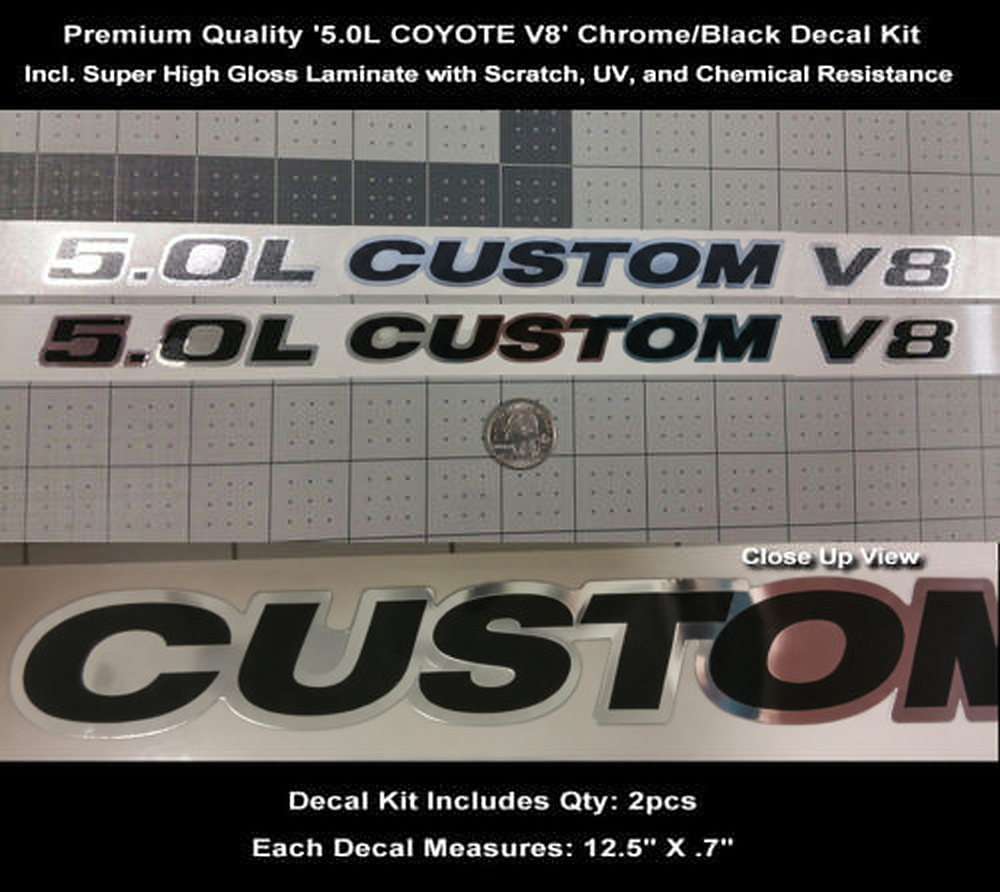 5.0L CUSTOM V8 Chrome Hood Scoop Vinyl Decal Kit for Musclecar Musclecarmodel (Coyote V8)