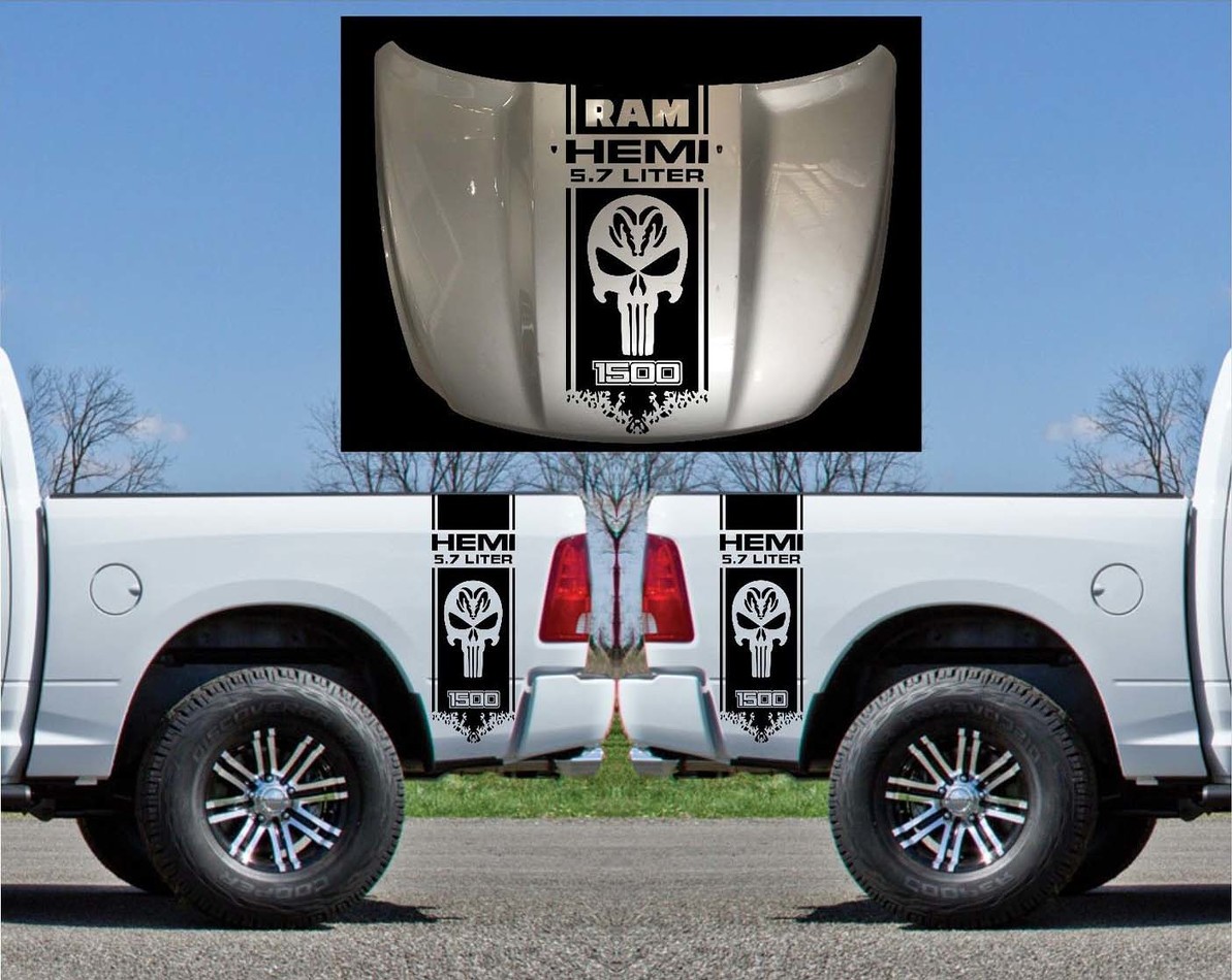Punisher & Hemi Style Stripes Hood Bedside Vinyl Decal Sticker for Dodge Ram 1500