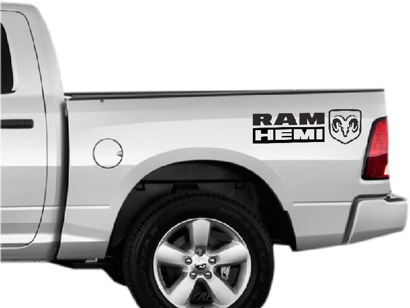 Hemi Dodge Ram x2 Vinyl Decals Stickers, rear side bed logo, Mopar 5.7 Liter RT