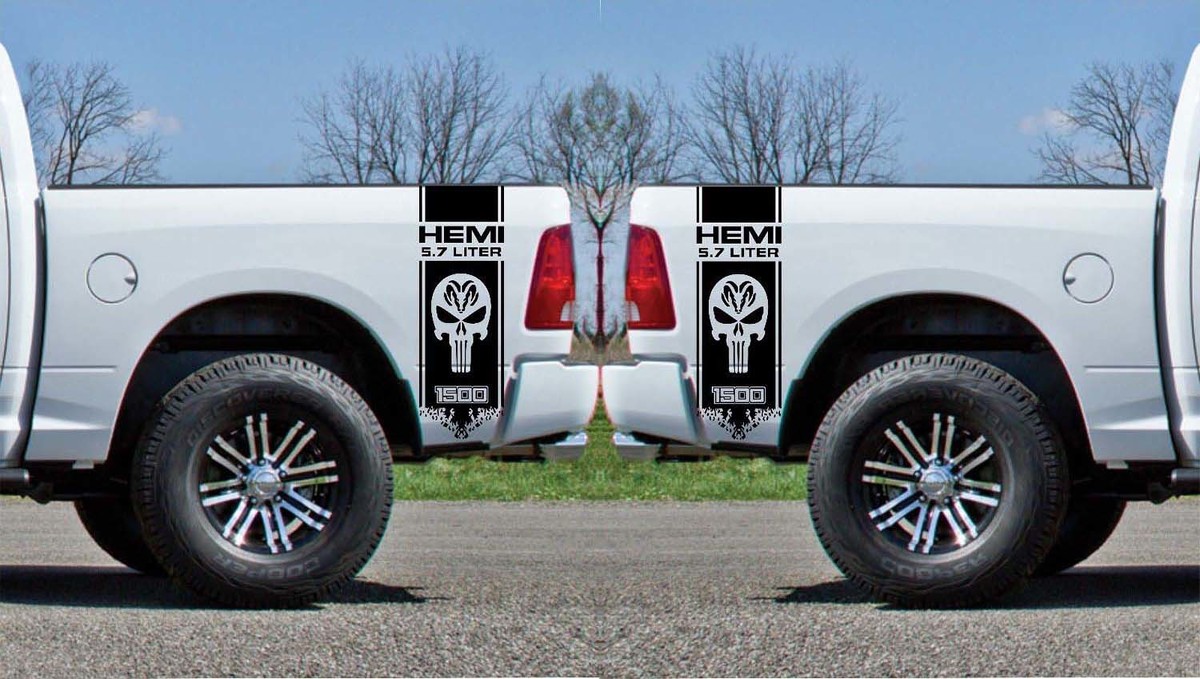 Hemi Punisher Skull Stripes Bedside Vinyl Decal Sticker for Dodge Ram 1500