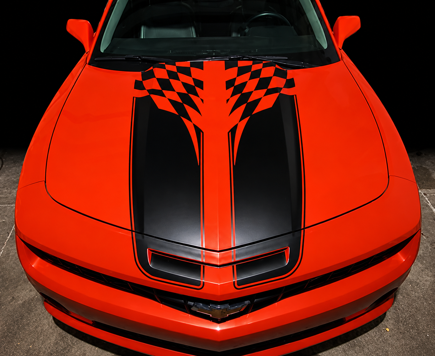 Checkered Flag Twin Stripes Hood Vinyl Decal Sticker for Chevrolet Camaro SS, RS 2010-2013