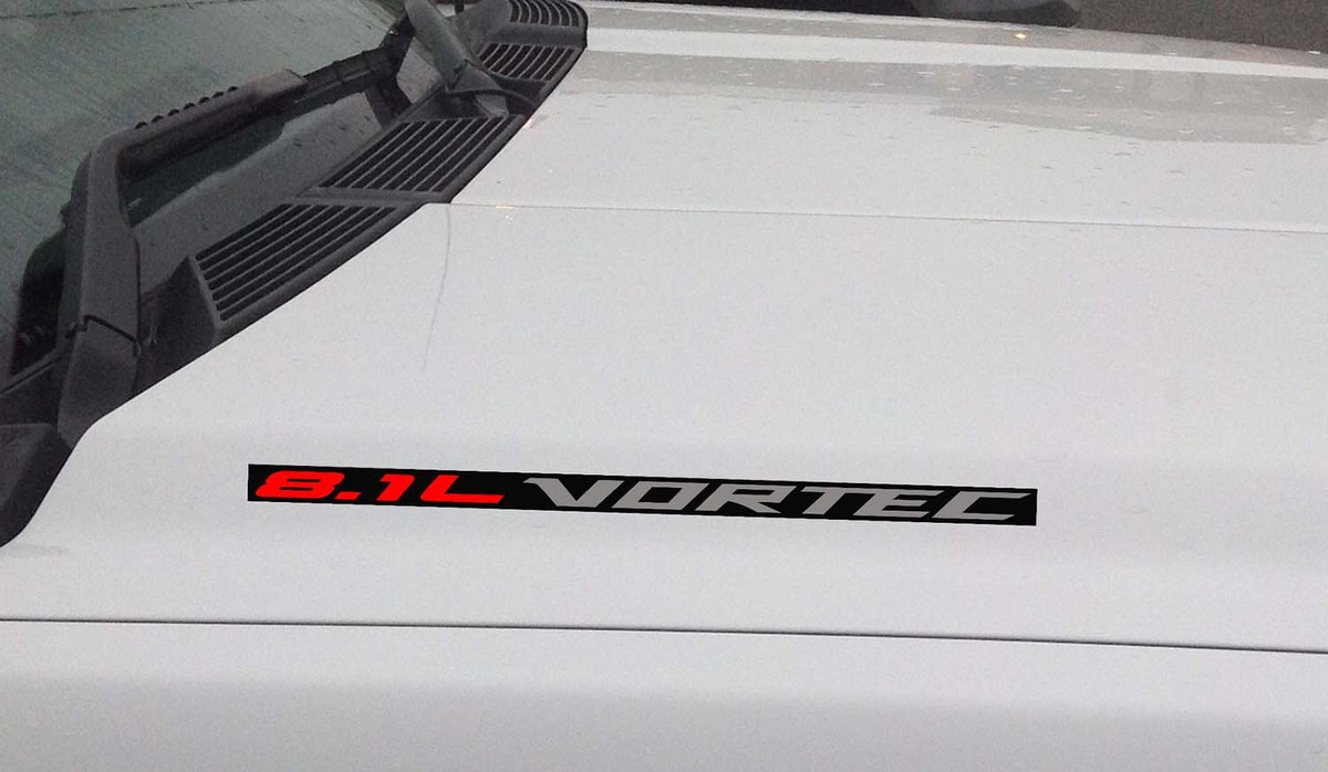 8.1L Vortec Hood Vinyl Decal Sticker: Chevrolet Silverado GMC Sierra (Block) Black background