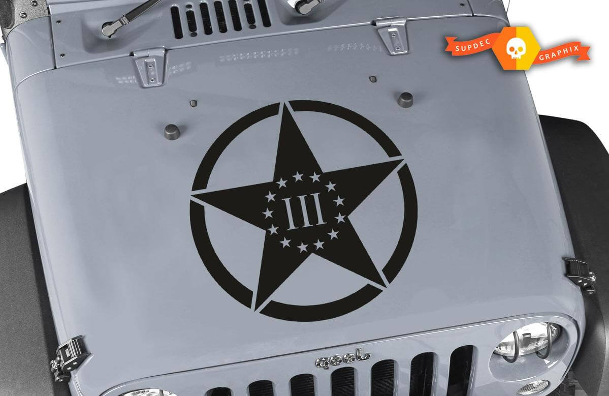 3 Percenters Military Star Hood Vinyl Decal for Jeep Wrangler 