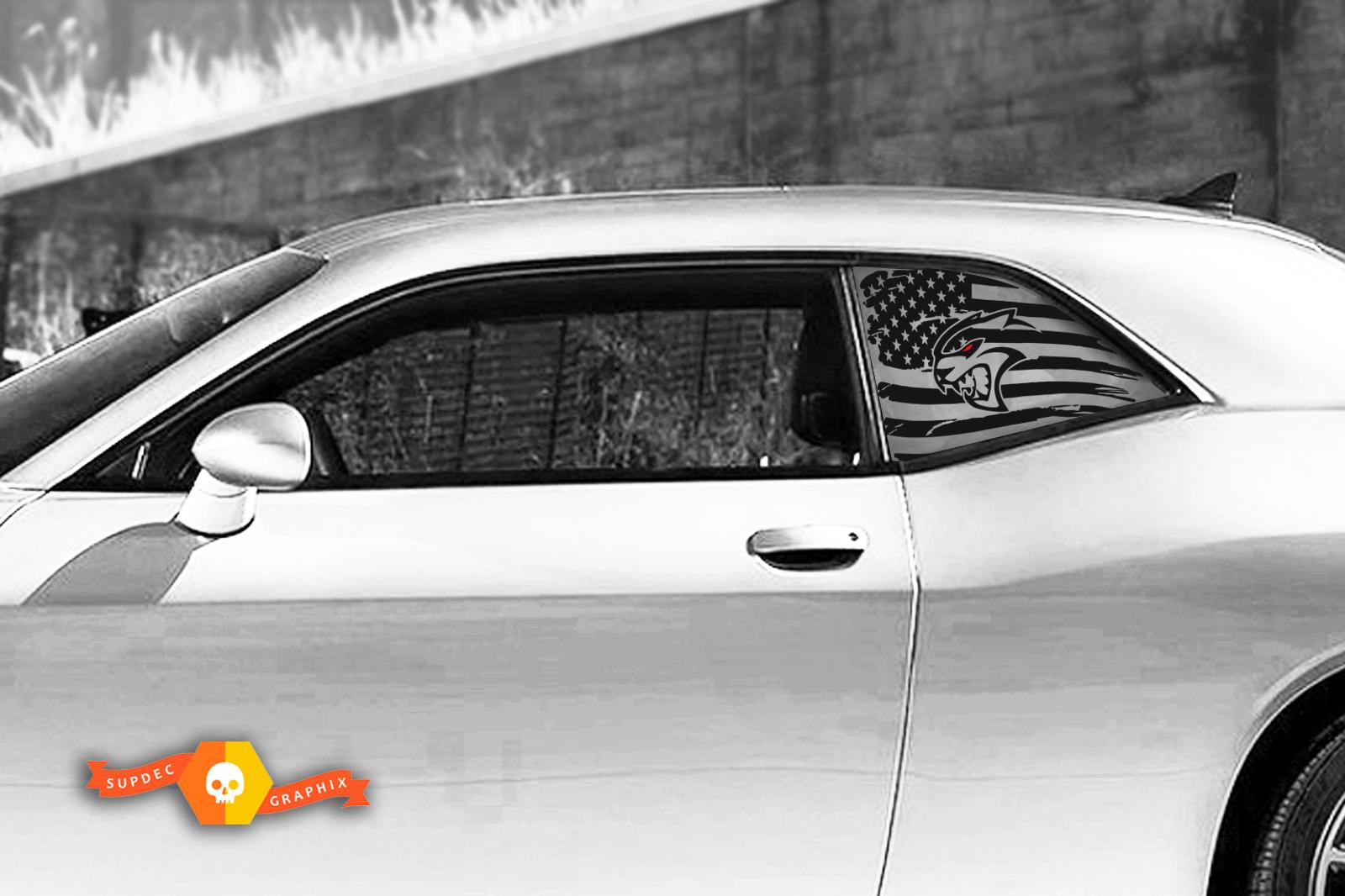 2 Dodge Challenger Window US-Flagge Hellcat mit roten Augen Vinyl Windschutzscheibe Aufkleber Grafikaufkleber