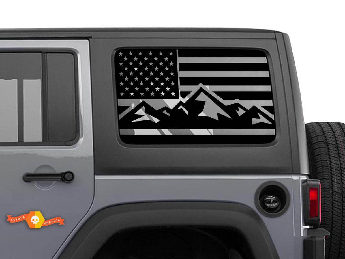 USA Flag Mountain Rear Side Window Vinyl Decal Pair for Jeep Wrangler 