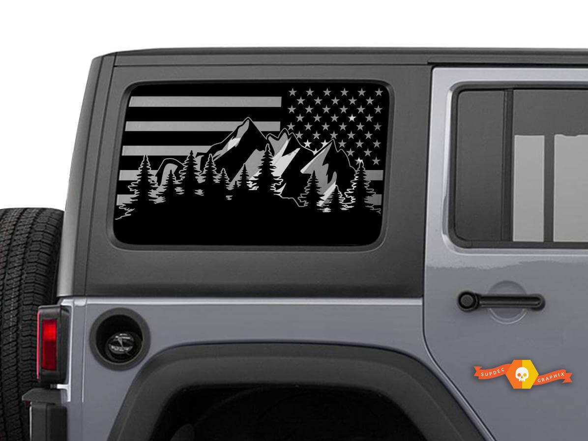 USA Flag Mountain Rear Side Window Vinyl Decal Set for Jeep Wrangler Unlimited 4 Door