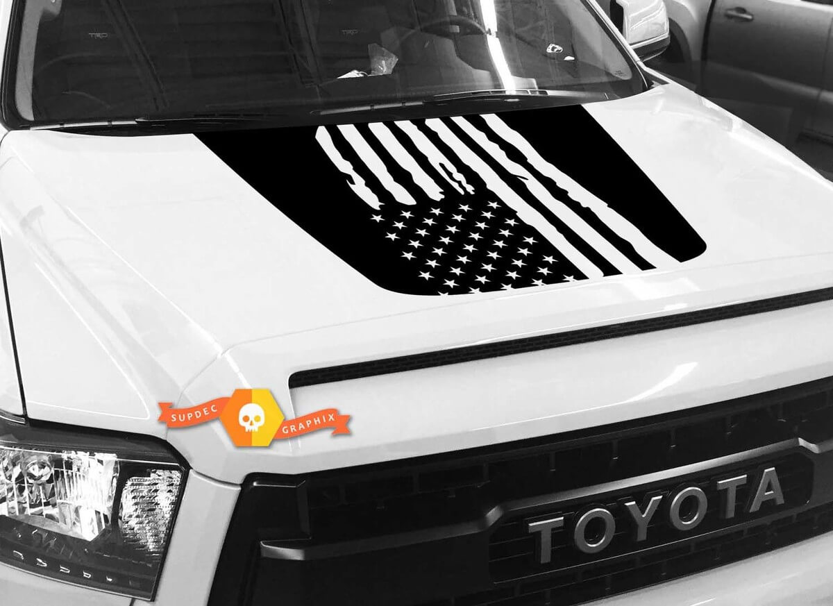 Destroyed Style USA Flag Hood Vinyl Decal for Toyota Tundra 2014-2018