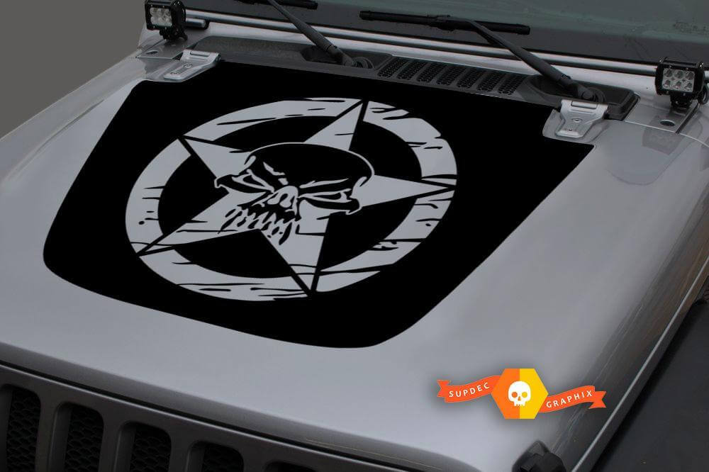 Skull Military Star Distressed Blackout Hood Vinyl Decal Sticker for Jeep Wrangler JL