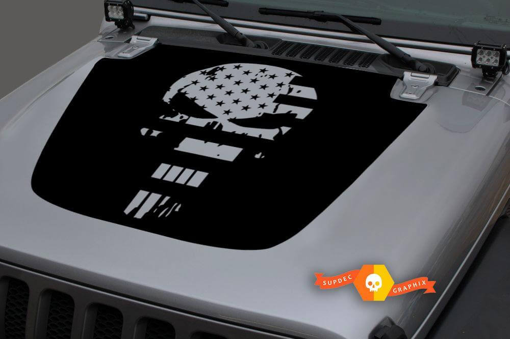 Punisher USA Flag Distressed Blackout Hood Vinyl Decal Sticker for Jeep Wrangler JL