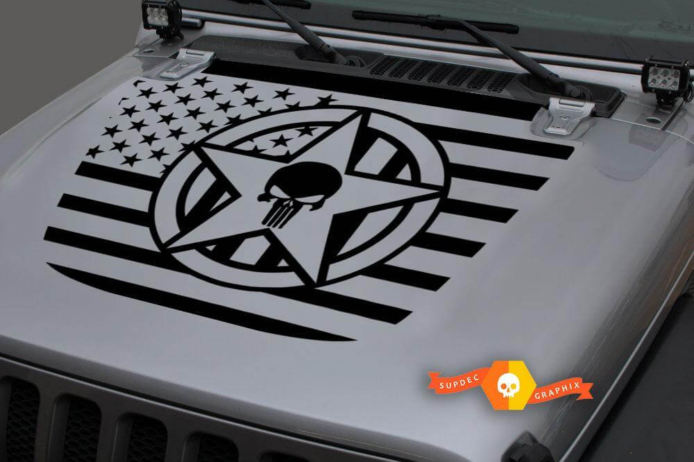 USA Flag Military Star Punisher Blackout Hood Vinyl Decal Sticker 2 for Jeep Wrangler JL