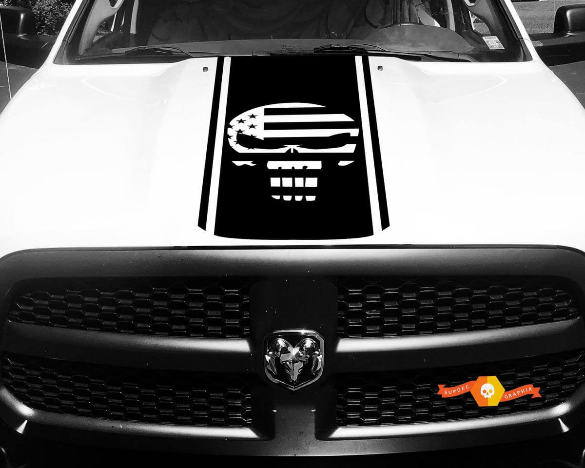 Ram Truck Punisher American Flag Vinyl Racing Stripe Hood Decal Sticker #89 for Dodge Ram 1500 2500 3500