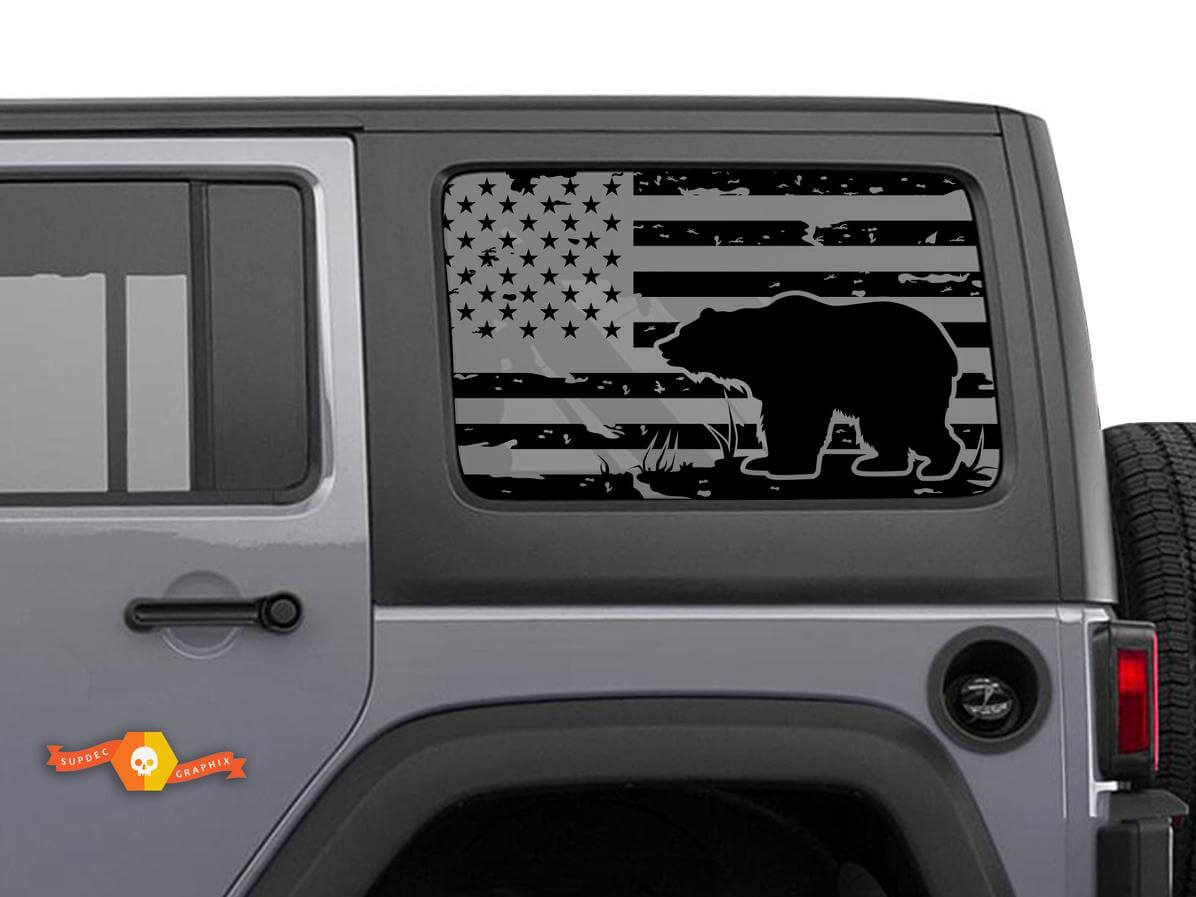 USA Flag Bear Rear Side Window Decal Pair for Jeep Wrangler Hardtop