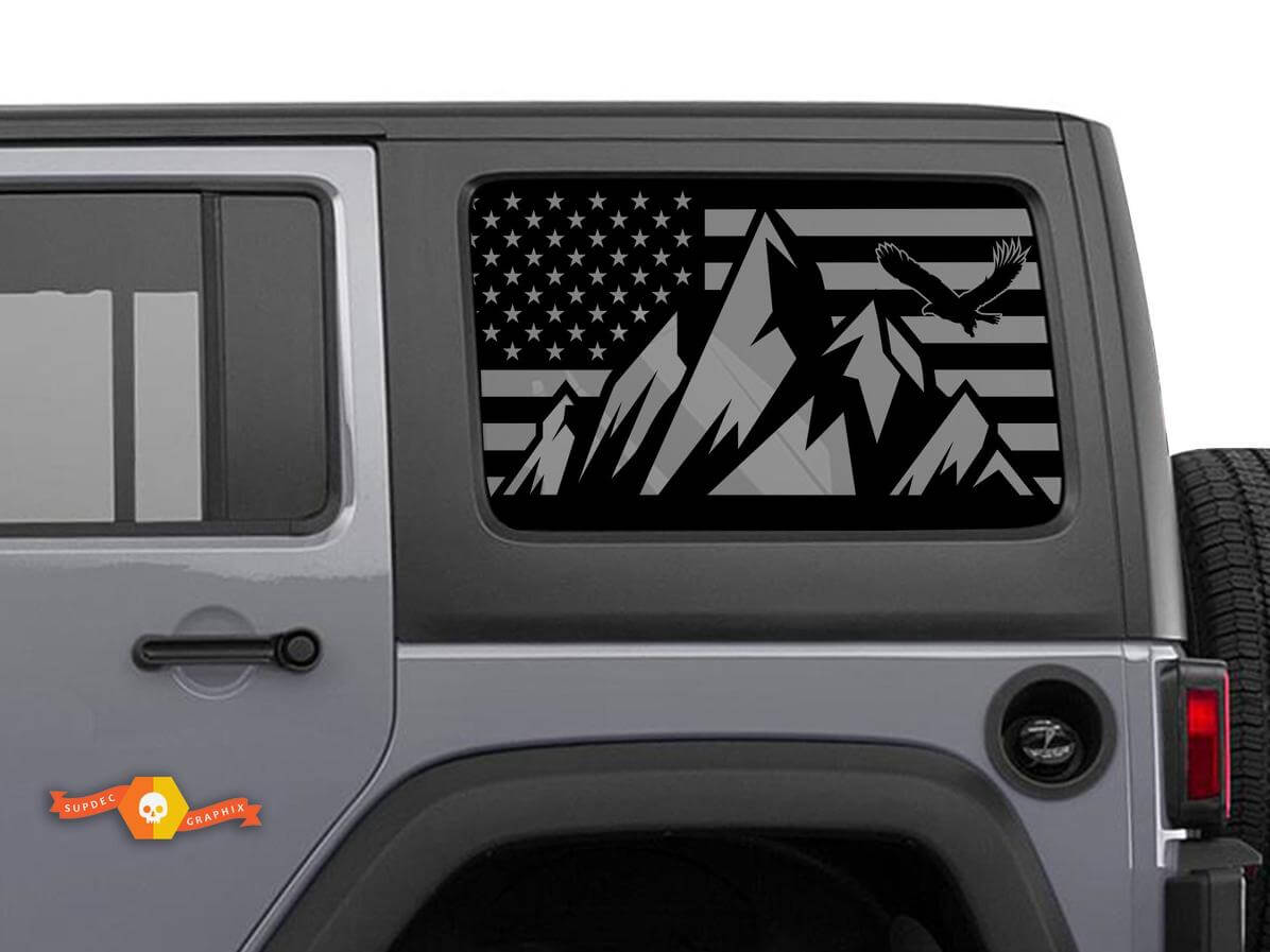 USA Flag Mountains Rear Side Window Vinyl Decal Kit for Jeep Wrangler Hardtop