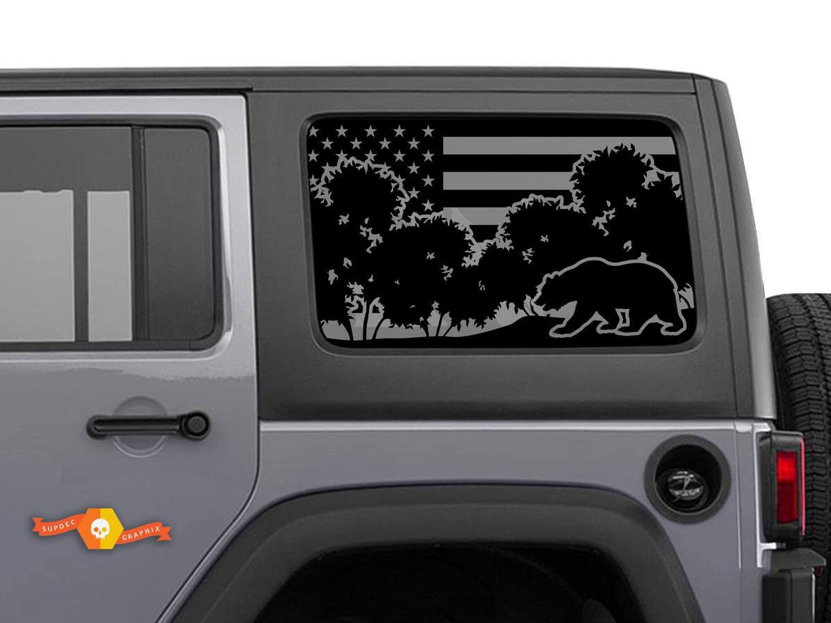 USA Flag Bear Forest Windshield Sticker Decal For Jeep Wrangler Rubicon Hardtop JKU JLU 2007-2019 or Tacoma 4Runner Tundra Charger Challenger