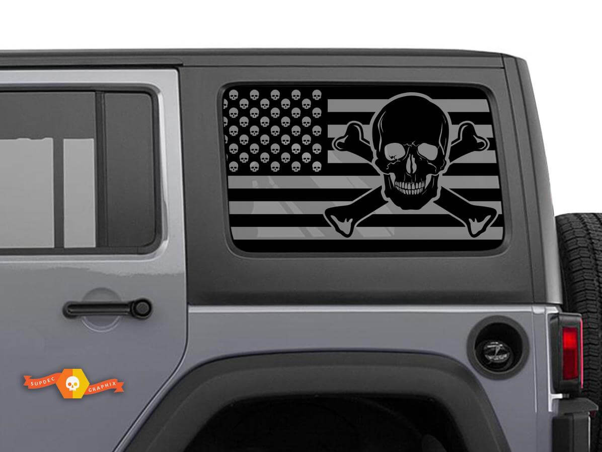 USA Flag Skull and Bones Windshield Sticker Decal For Jeep Wrangler Rubicon Hardtop JKU JLU 2007-2019 or Tacoma 4Runner Tundra Charger Challenger