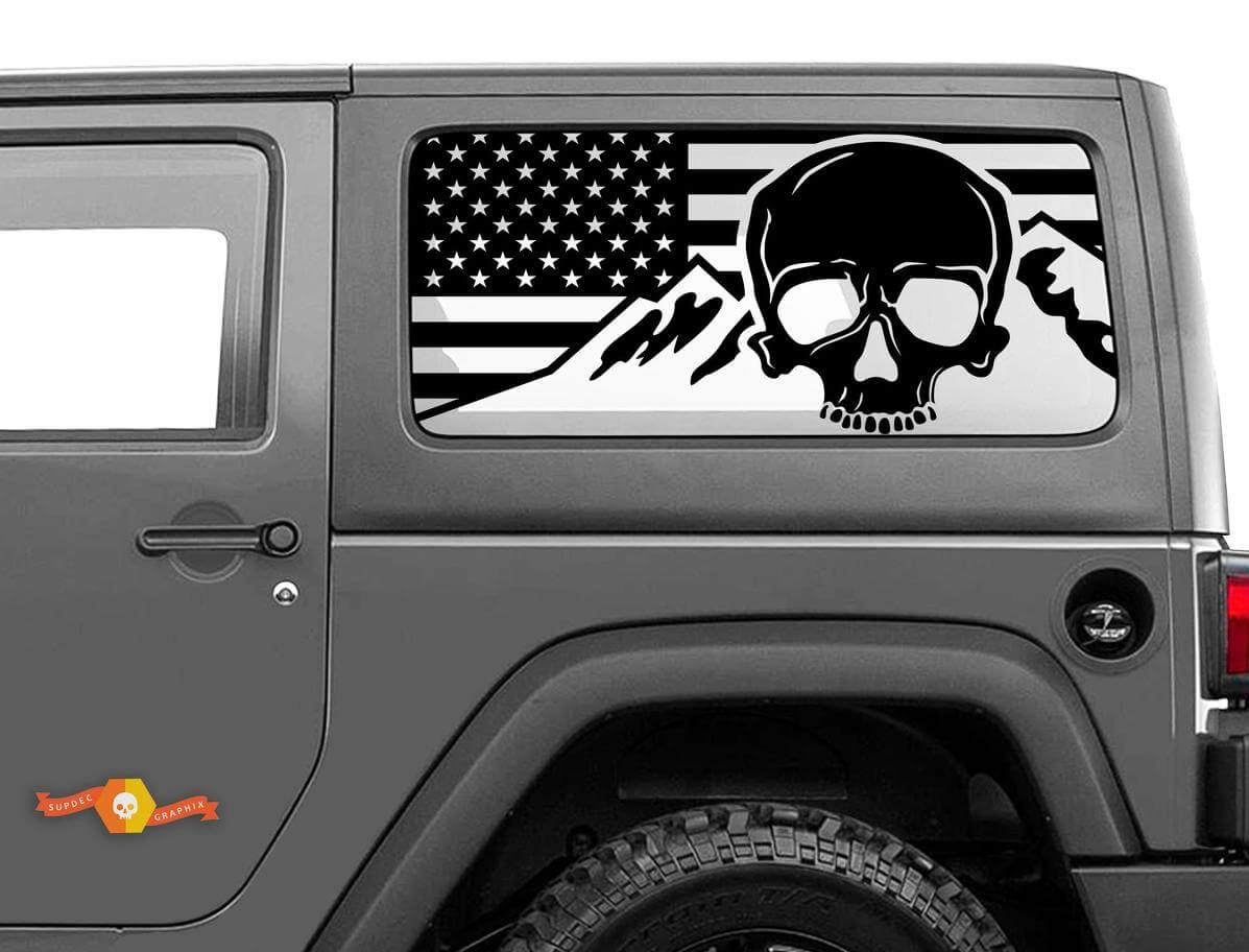 USA Flag Skull Mountains Windshield Sticker Decal For Jeep Wrangler Rubicon Hardtop JKU JLU 2007-2019 or Tacoma 4Runner Tundra Charger Challenger