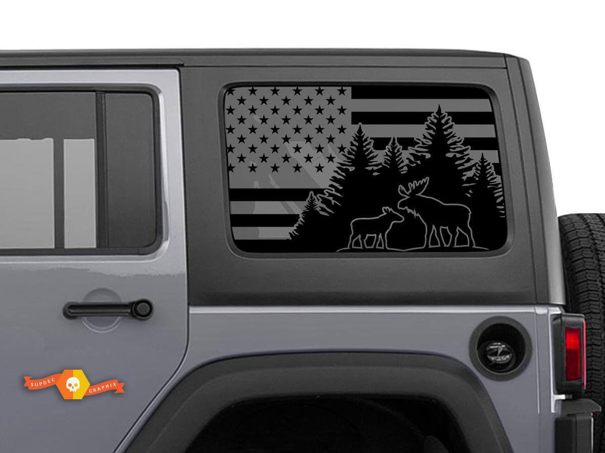USA Flag Moose Rear Side Window Vinyl Decal Pair for Jeep Wrangler Hardtop