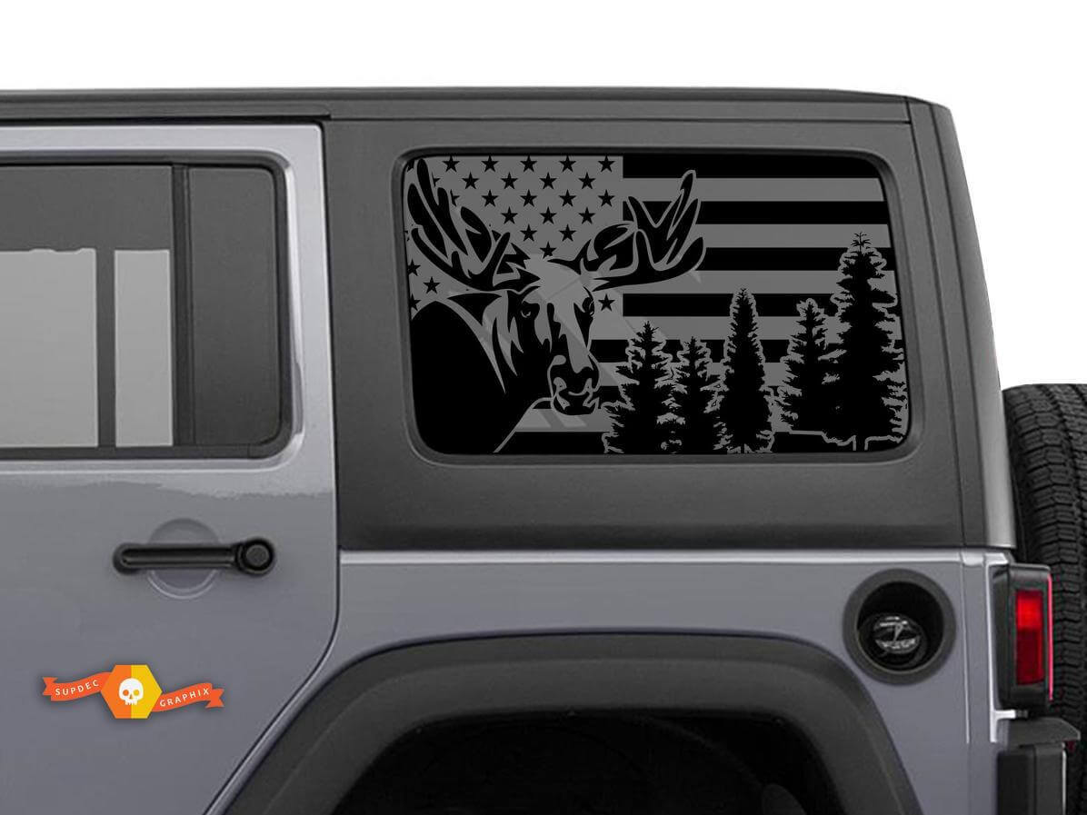 USA Flag Moose Forest Side Window Vinyl Decal Kit for Jeep Wrangler Hardtop