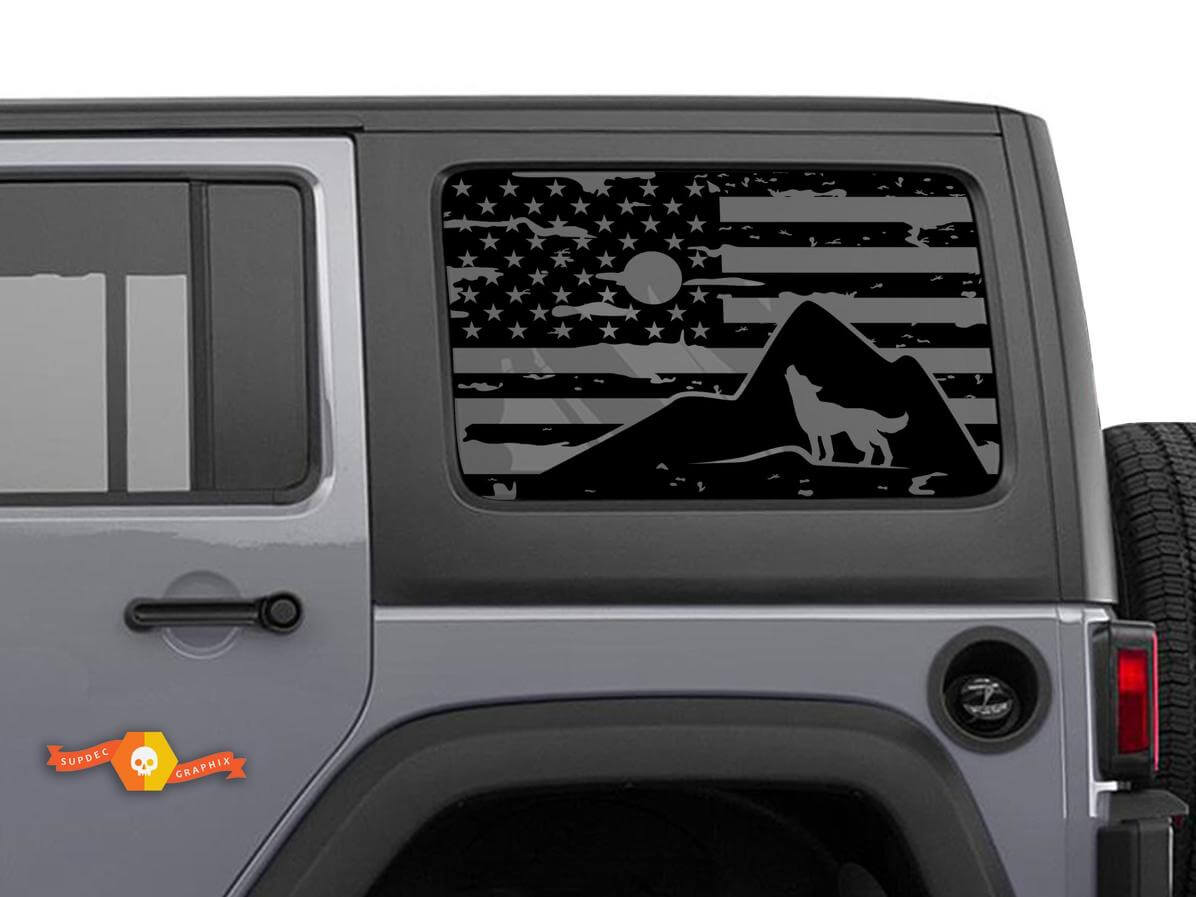 USA Flag Wolf Clouds Moon Windshield Sticker Decal For Jeep Wrangler Rubicon Hardtop JKU JLU 2007-2019 or Tacoma 4Runner Tundra Charger Challenger
