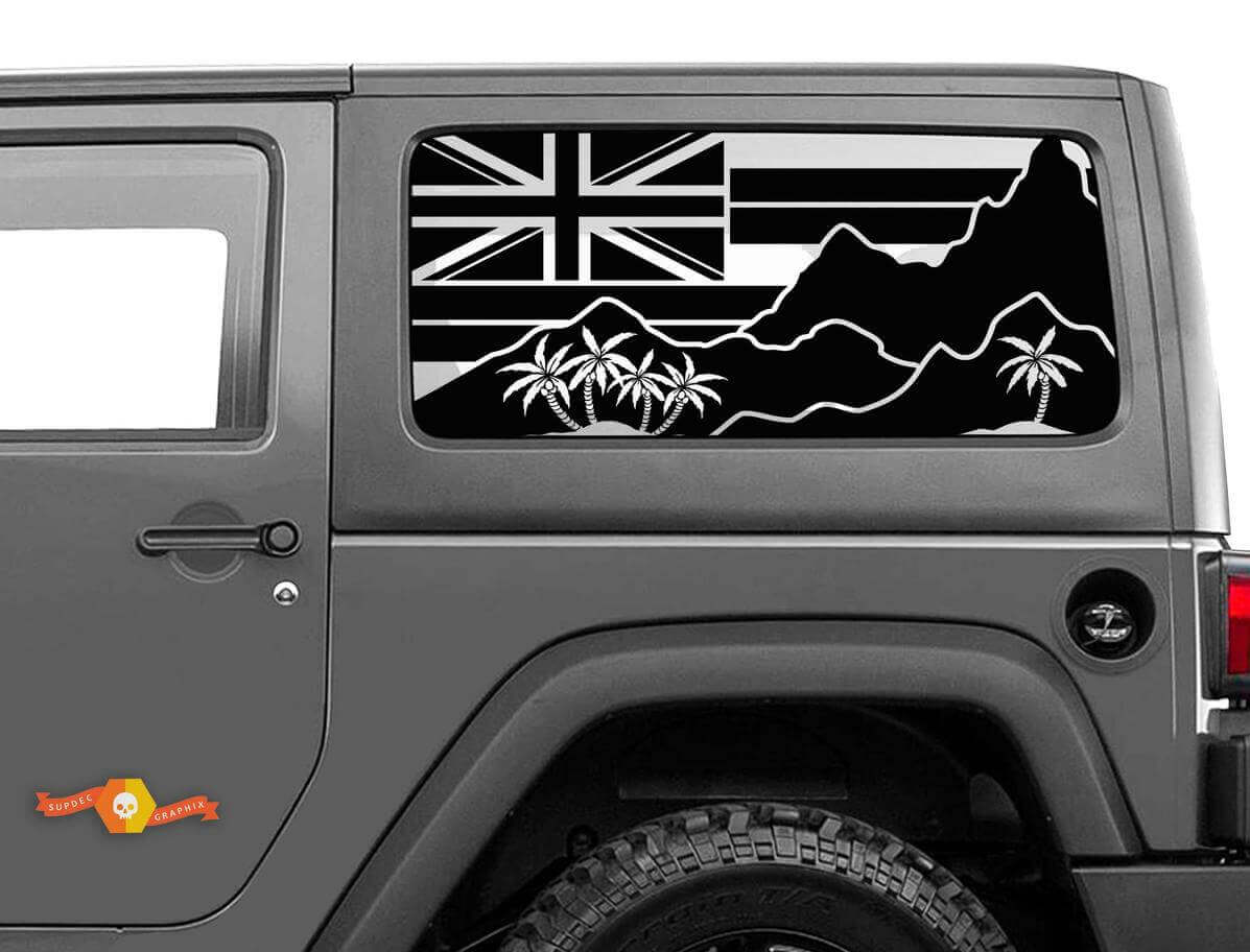 Hawaii Flag Mountains Palms Side Window Vinyl Decal Sticker for Jeep Wrangler 2007-2019
