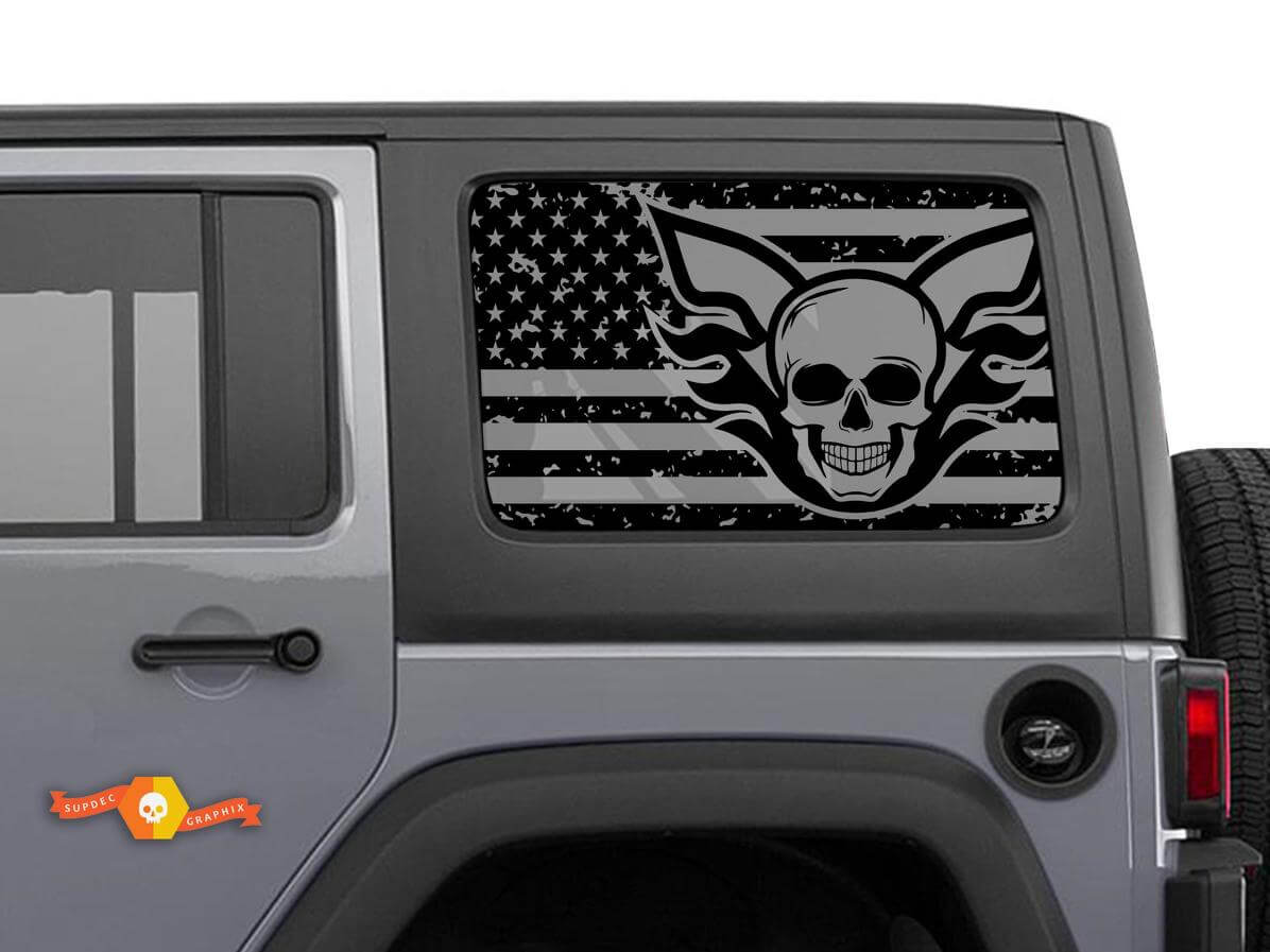 USA Flag Skull Destroyed Windshield Sticker Decal For Jeep Wrangler Rubicon Hardtop JKU JLU 2007-2019 or Tacoma 4Runner Tundra Charger Challenger