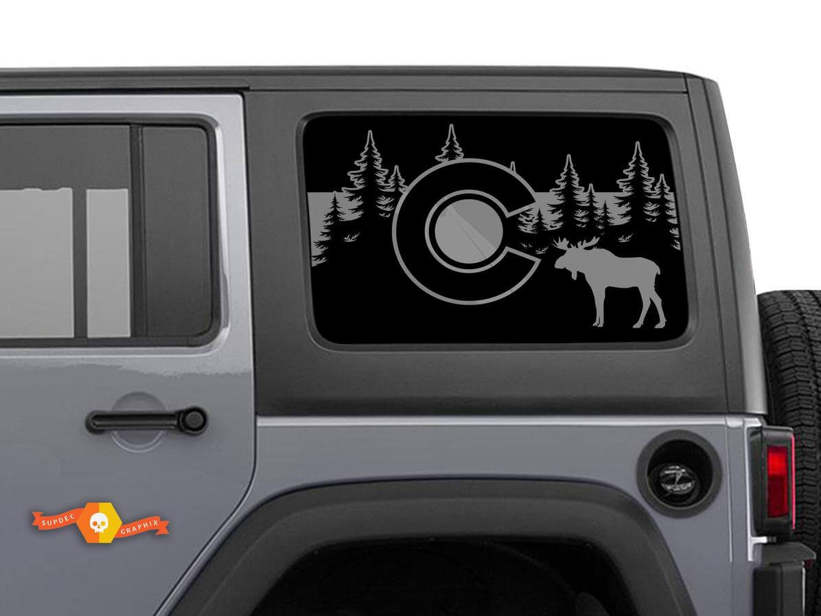 Colorado Flag Moose Forest Mountains Windshield Sticker Decal For Jeep Wrangler Rubicon Hardtop JKU JLU 2007-2019 or Tacoma 4Runner Tundra Charger Challenger