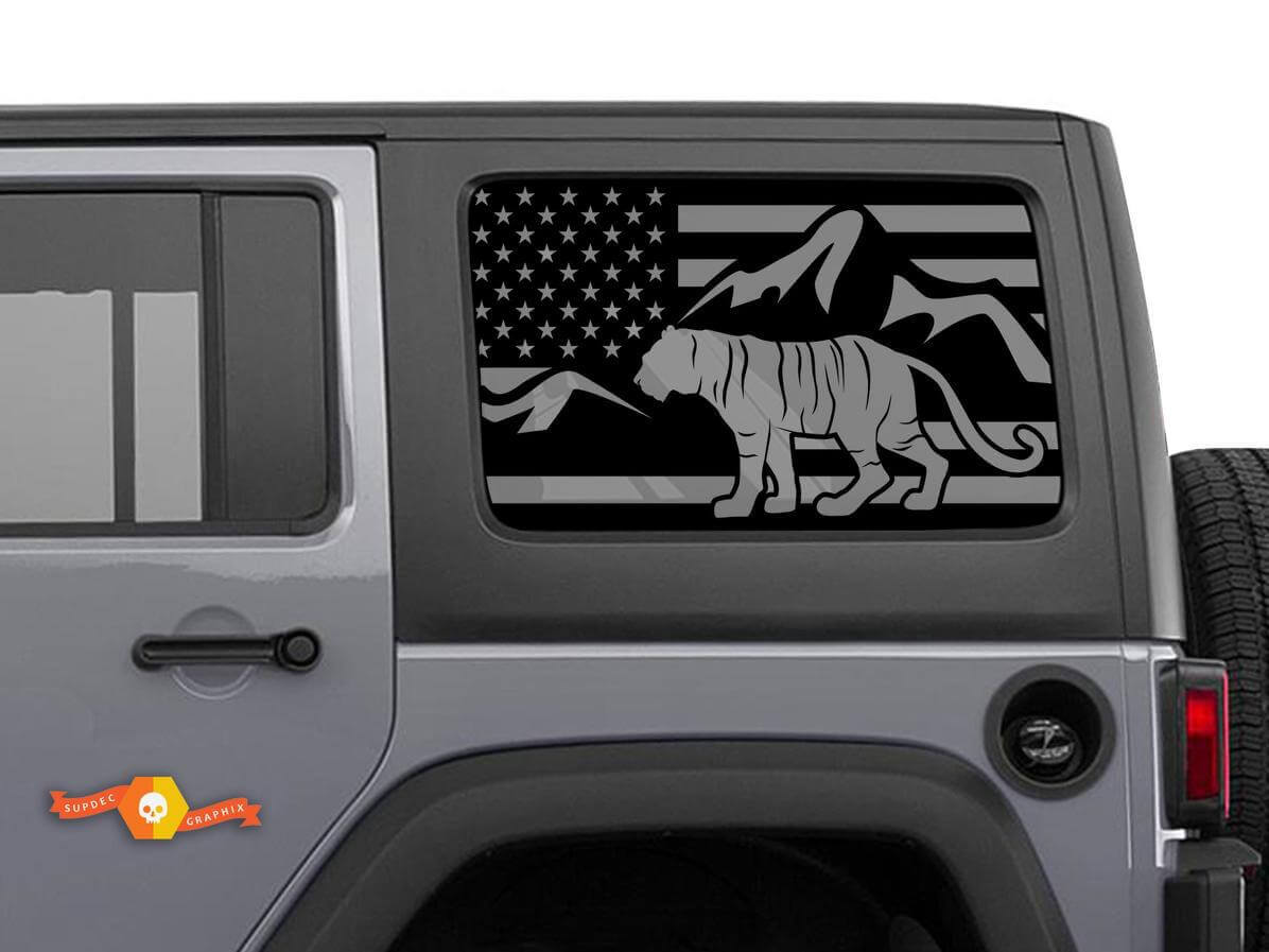 USA Flag Tiger Rear Side Window Vinyl Decal Kit for Jeep Wrangler Hardtop