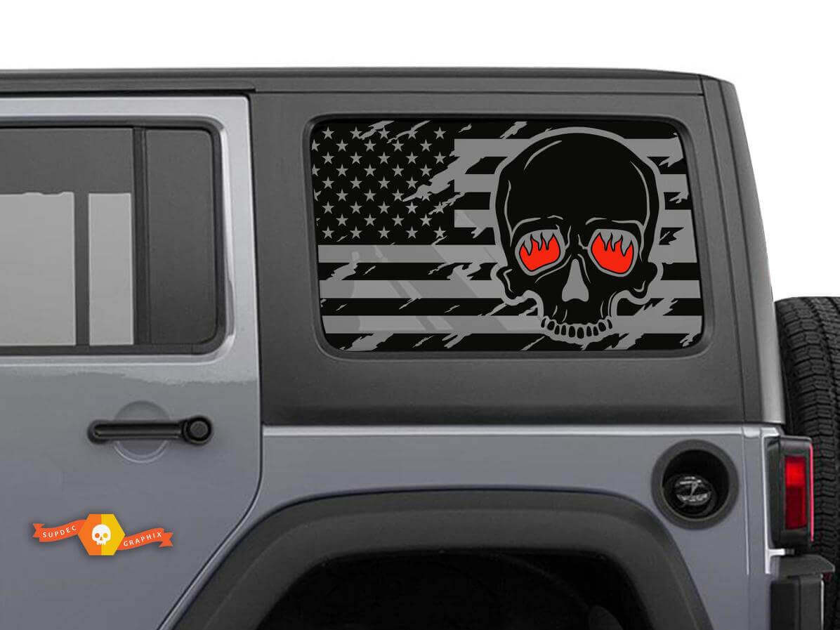 USA Flag Skull Burning Eyes Side Window Vinyl Decals for Jeep Wrangler Hardtop