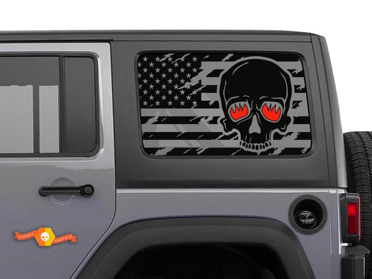 USA Flag Skull Windshield Sticker Decal For Jeep Wrangler Rubicon Hardtop JKU JLU 2007-2019 or Tacoma 4Runner Tundra Charger Challenger