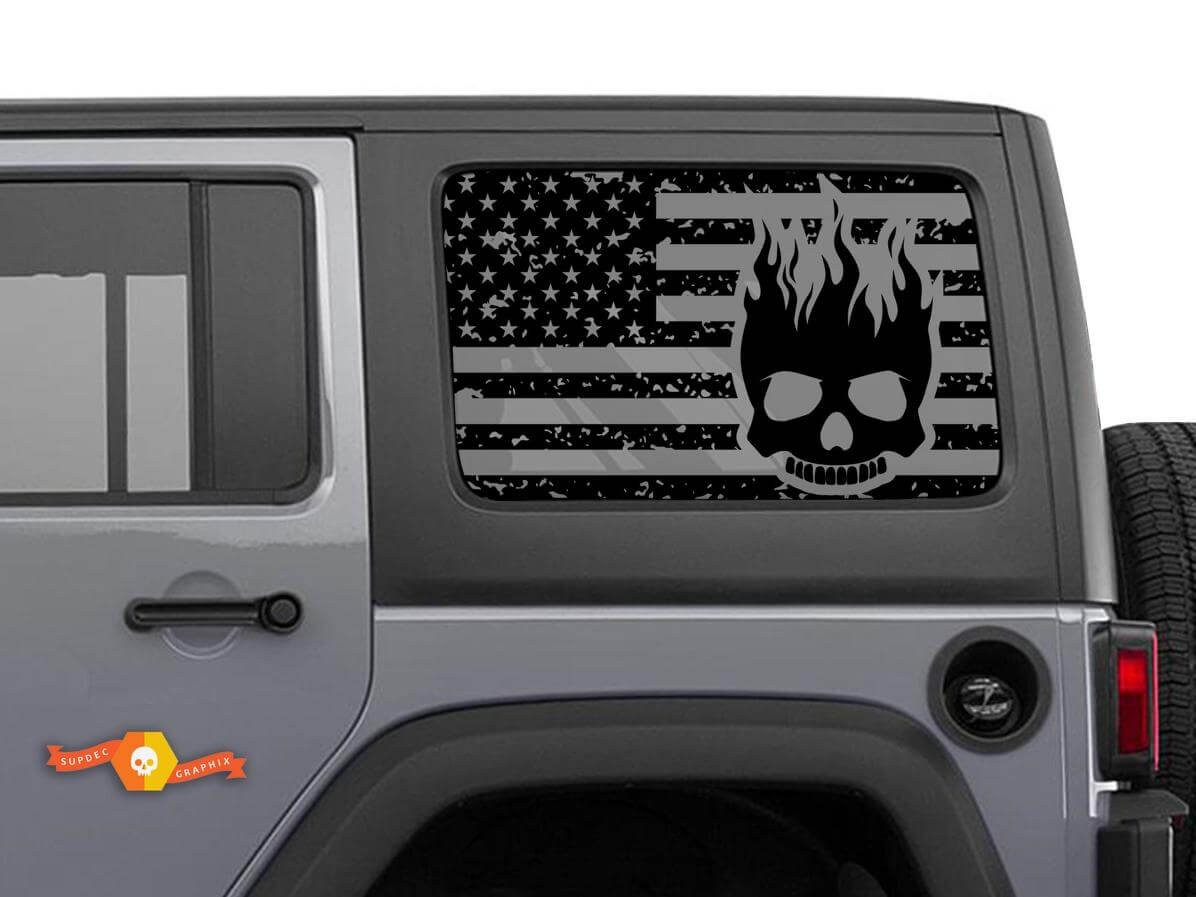 Hardtop USA Flag Skull Flame Windshield Sticker Decal For Jeep Wrangler Rubicon JKU JLU 2007-2019 or Tacoma 4Runner Tundra Charger Challenger