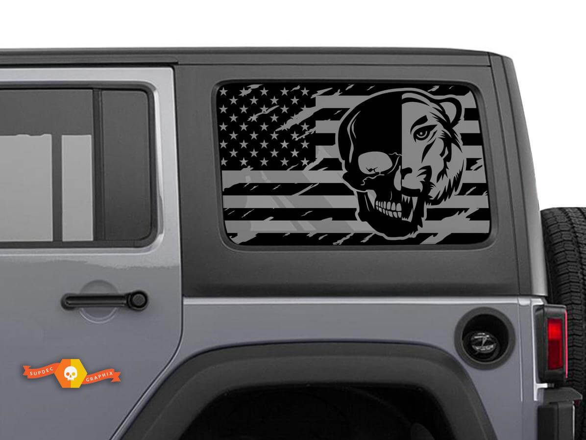 Hardtop USA Flag Skull Tiger Windshield Sticker Decal For Jeep Wrangler Rubicon JKU JLU 2007-2019 or Tacoma 4Runner Tundra Charger Challenger