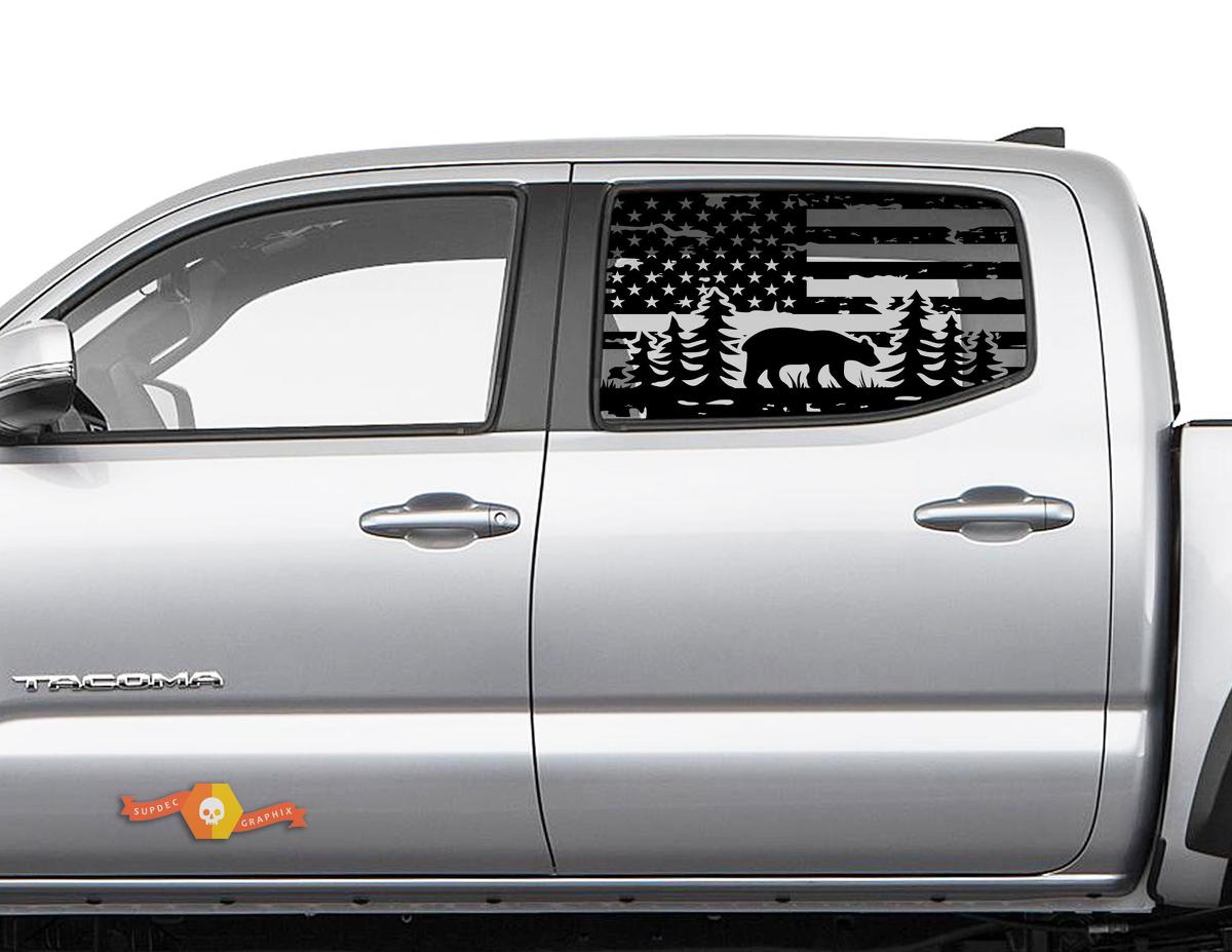 Toyota Tacoma 4Runner Tundra Hardtop USA Flag Forest Bear Windshield Decal JKU JLU 2007-2019 or  Dodge Challenger Charger Subaru Ascent Forester Wrangler Rubicon - 113