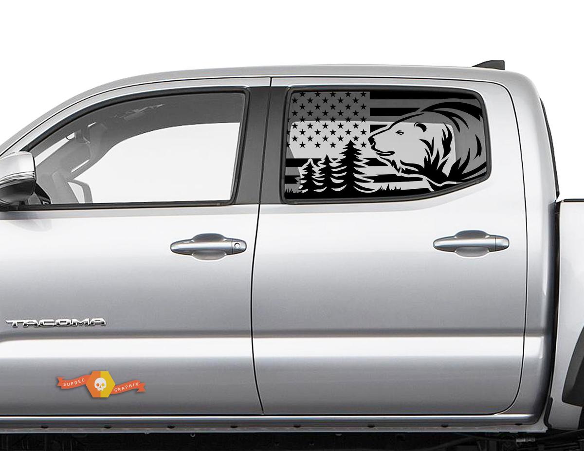 Toyota Tacoma 4Runner Tundra Hardtop USA Flag Forest Bear Windshield Decal JKU JLU 2007-2019 or  Dodge Challenger Charger Subaru Ascent Forester Wrangler Rubicon - 115