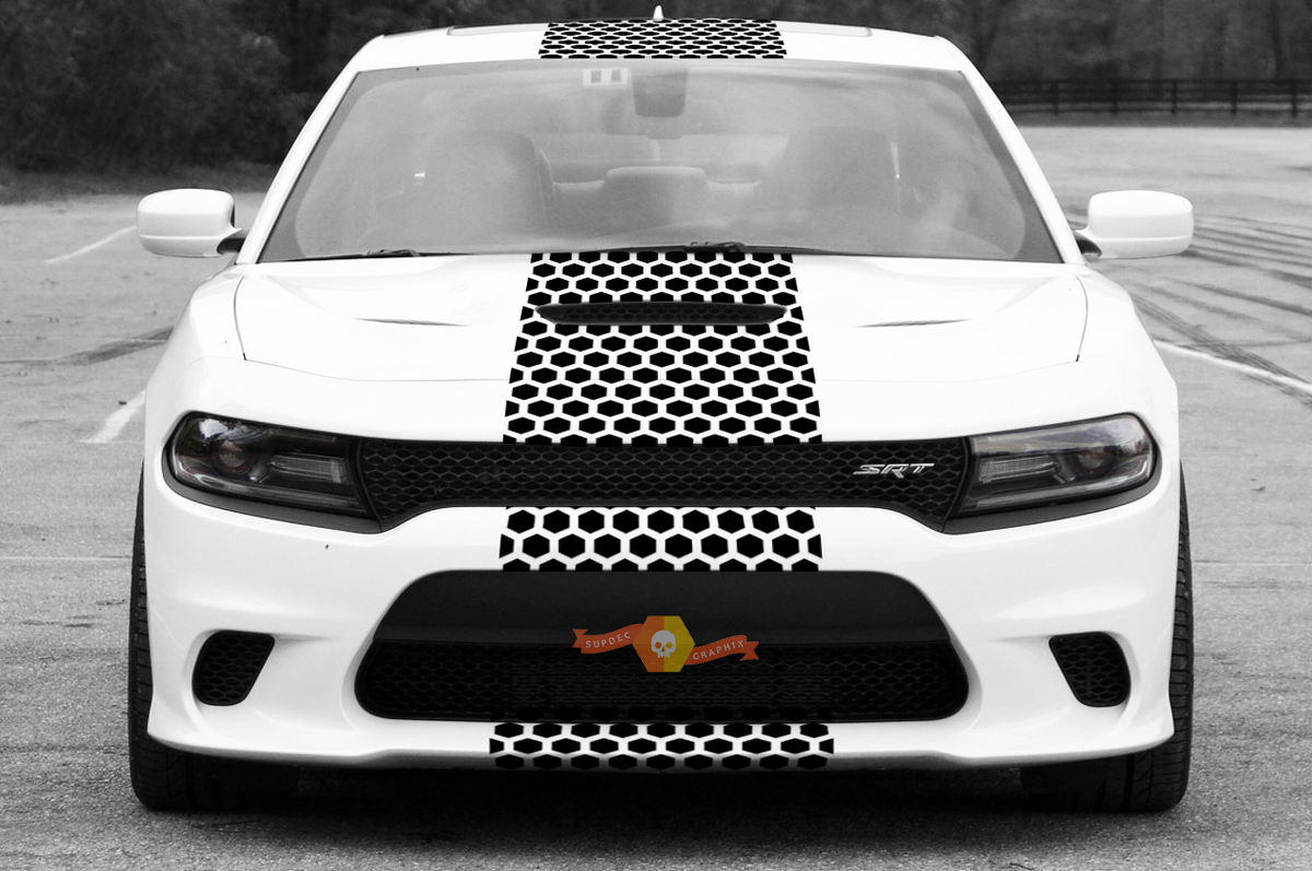 2015 & Up Dodge Challenger SRT / HELLCAT Style Solid Strip Honeycomb Rally Stripe Decal Kit